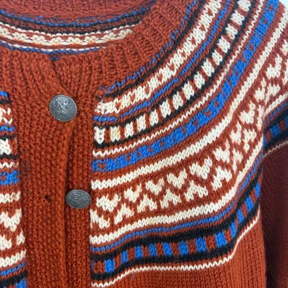 Handmade Hand Knit Women's Rusty Orange Fair Isle Cardigan Sweater Size Medium - Picture 5 of 7